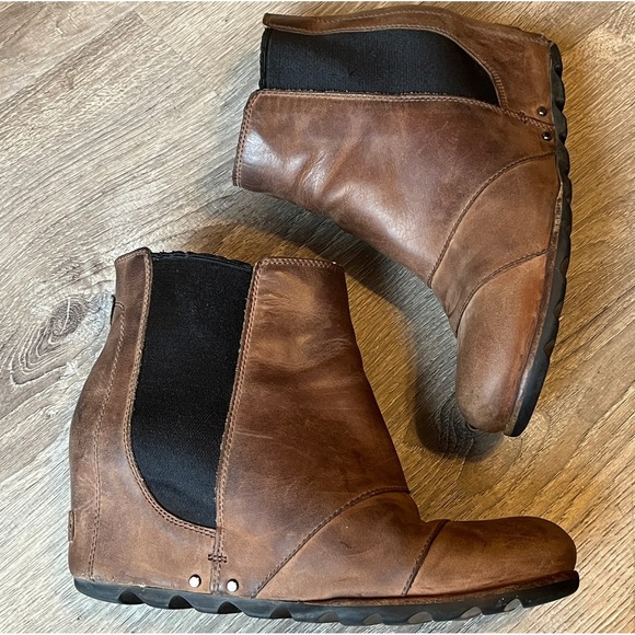 Sorel Lea Wedge Chelsea Waterproof Boots Brown Leather Women 10.5 UK 8.5 EU 41.5 - Picture 1 of 8